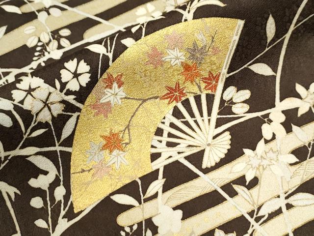 平和屋着物●訪問着　駒刺繍　扇面エ霞草花文　金彩　正絹　逸品　CABK7281yc