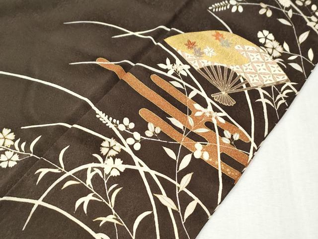 平和屋着物●訪問着　駒刺繍　扇面エ霞草花文　金彩　正絹　逸品　CABK7281yc