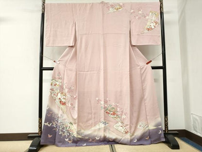 平和屋着物●訪問着　扇面花蝶文　暈し染め　金彩　正絹　逸品　CABK7298yc