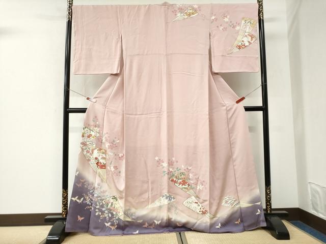 平和屋着物●訪問着　扇面花蝶文　暈し染め　金彩　正絹　逸品　CABK7298yc