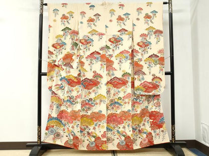 平和屋着物●豪華振袖　型染め　雲取り飛鳥花松文　鬼しぼ縮緬　正絹　逸品　CABK7302yc