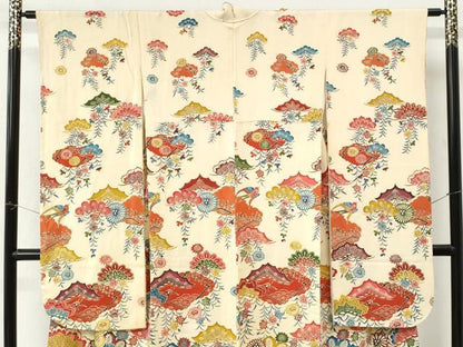 平和屋着物●豪華振袖　型染め　雲取り飛鳥花松文　鬼しぼ縮緬　正絹　逸品　CABK7302yc