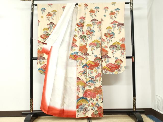 平和屋着物●豪華振袖　型染め　雲取り飛鳥花松文　鬼しぼ縮緬　正絹　逸品　CABK7302yc