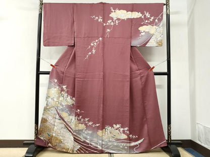 平和屋着物●訪問着　雲取り鬘帯御所車花文　暈し染め　金彩　正絹　逸品　CABK7311yc
