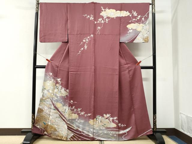 平和屋着物●訪問着　雲取り鬘帯御所車花文　暈し染め　金彩　正絹　逸品　CABK7311yc