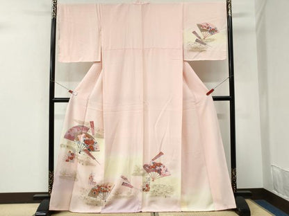 平和屋着物●訪問着　扇面鷺草花文　暈し染め　金彩　正絹　逸品　未使用　CABK7313yc