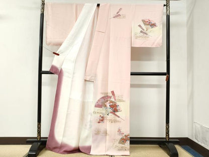 平和屋着物●訪問着　扇面鷺草花文　暈し染め　金彩　正絹　逸品　未使用　CABK7313yc