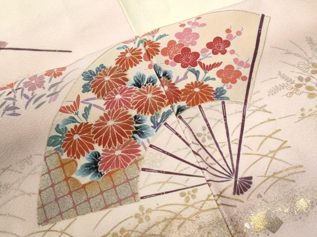 平和屋着物●訪問着　扇面鷺草花文　暈し染め　金彩　正絹　逸品　未使用　CABK7313yc
