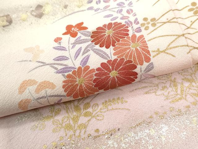 平和屋着物●訪問着　扇面鷺草花文　暈し染め　金彩　正絹　逸品　未使用　CABK7313yc