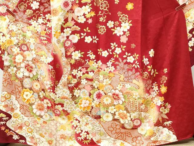 平和屋着物●豪華振袖　駒刺繍　檜扇牡丹舞花文　暈し染め　金彩　正絹　逸品　CABK7316yc