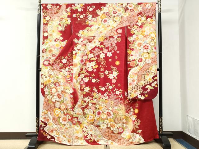 平和屋着物●豪華振袖　駒刺繍　檜扇牡丹舞花文　暈し染め　金彩　正絹　逸品　CABK7316yc