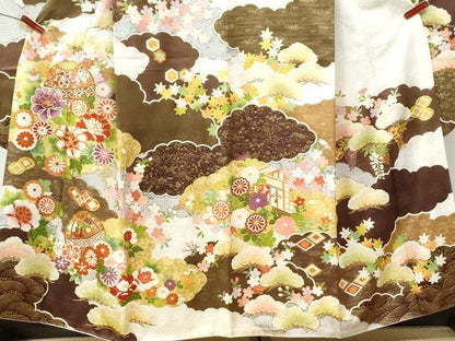 平和屋着物●豪華振袖・長襦袢セット　駒刺繍　雲重ね毬牡丹花文　金彩　半衿刺繍　正絹　逸品　CABK7326yc