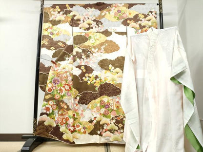 平和屋着物●豪華振袖・長襦袢セット　駒刺繍　雲重ね毬牡丹花文　金彩　半衿刺繍　正絹　逸品　CABK7326yc
