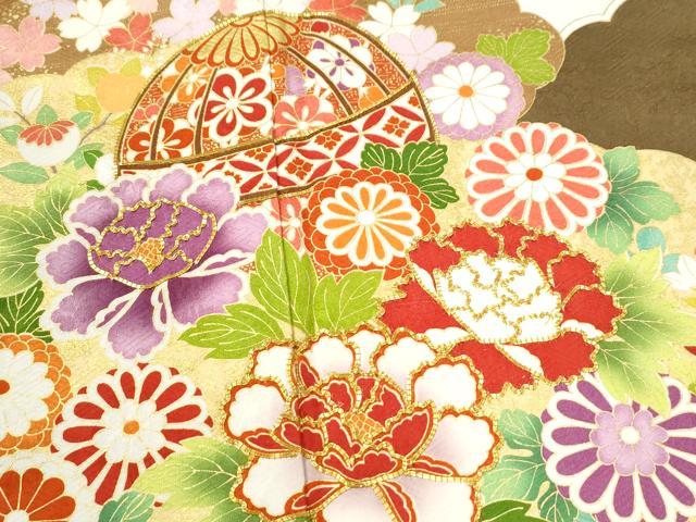 平和屋着物●豪華振袖・長襦袢セット　駒刺繍　雲重ね毬牡丹花文　金彩　半衿刺繍　正絹　逸品　CABK7326yc