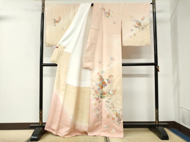 平和屋着物●訪問着　駒刺繍　菊花文　暈し染め　金彩　反端付き　正絹　逸品　CABK7342yc
