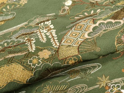 平和屋着物●訪問着　総刺繍　浜松飛鶴雪輪扇面花文　金糸　正絹　逸品　CABK7349yc