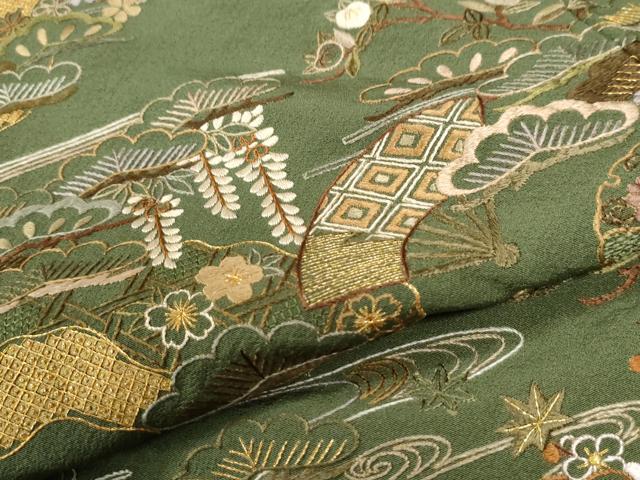 平和屋着物●訪問着　総刺繍　浜松飛鶴雪輪扇面花文　金糸　正絹　逸品　CABK7349yc