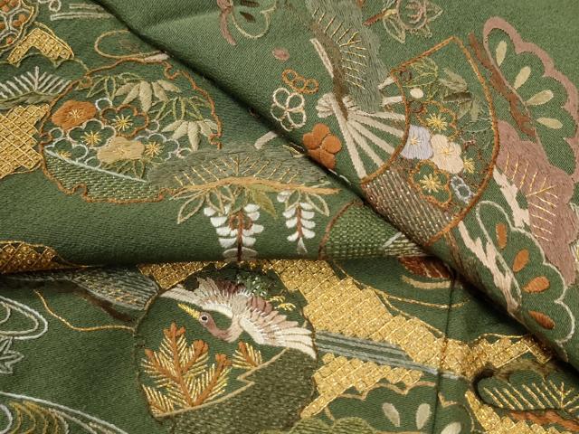 平和屋着物●訪問着　総刺繍　浜松飛鶴雪輪扇面花文　金糸　正絹　逸品　CABK7349yc