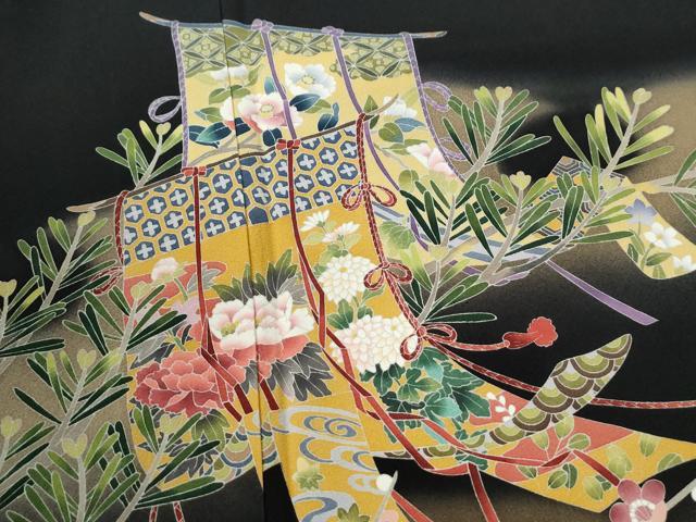 平和屋着物●十日町友禅　女流作家　遠田藤舟　黒留袖　几帳松竹梅花文　暈し染め　正絹　逸品　CABK7353yc