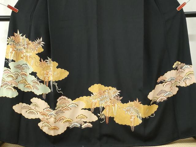 平和屋着物●豪華黒留袖　駒刺繍　雲取り花松文　金彩　正絹　逸品　CABK7354yc