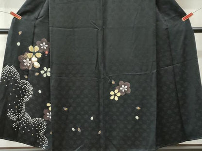 平和屋着物●訪問着　駒刺繍　絞り　ぽっくり下駄　舞桜文　黒地　正絹　逸品　CABK7356yc
