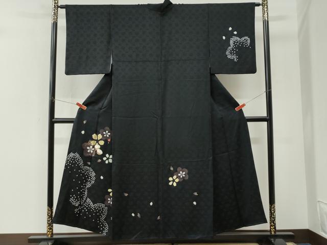 平和屋着物●訪問着　駒刺繍　絞り　ぽっくり下駄　舞桜文　黒地　正絹　逸品　CABK7356yc