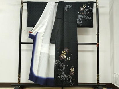平和屋着物●訪問着　駒刺繍　絞り　ぽっくり下駄　舞桜文　黒地　正絹　逸品　CABK7356yc