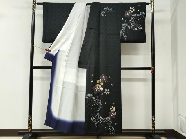 平和屋着物●訪問着　駒刺繍　絞り　ぽっくり下駄　舞桜文　黒地　正絹　逸品　CABK7356yc