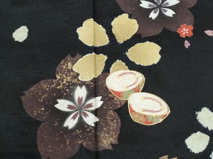 平和屋着物●訪問着　駒刺繍　絞り　ぽっくり下駄　舞桜文　黒地　正絹　逸品　CABK7356yc