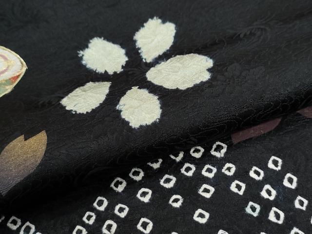 平和屋着物●訪問着　駒刺繍　絞り　ぽっくり下駄　舞桜文　黒地　正絹　逸品　CABK7356yc