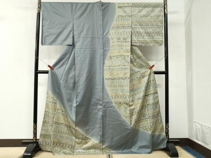 平和屋着物●訪問着　本場縞大島紬　横段吉祥文　ロング丈　正絹　逸品　未使用　CABK7366yc