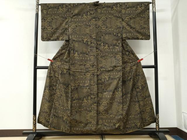 平和屋着物●本場大島紬　9マルキ　狩猟花鳥更紗唐草文　正絹　逸品　CABK7389yc