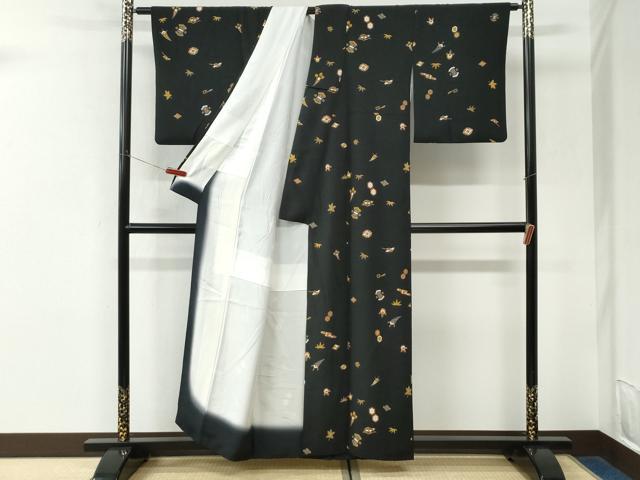 平和屋着物●上質な小紋　宝尽くし　黒地　正絹　逸品　CABK7392yc