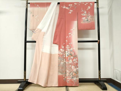 平和屋着物●訪問着　流水扇面冊子鶴草花文　暈し染め　金彩　正絹　逸品　CABK7394yc