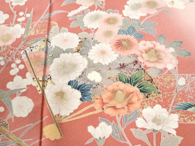 平和屋着物●訪問着　流水扇面冊子鶴草花文　暈し染め　金彩　正絹　逸品　CABK7394yc
