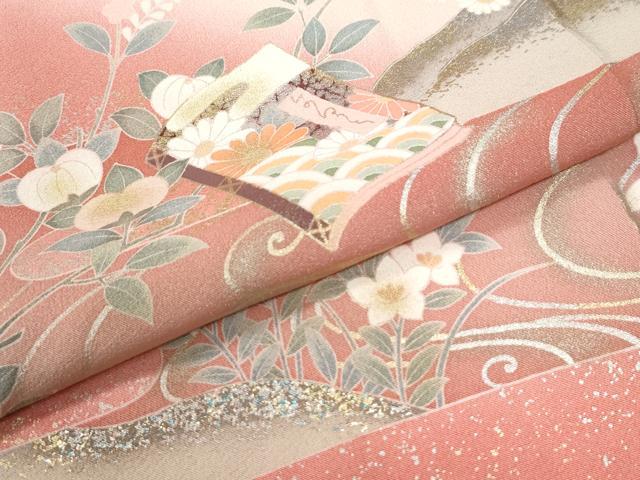 平和屋着物●訪問着　流水扇面冊子鶴草花文　暈し染め　金彩　正絹　逸品　CABK7394yc