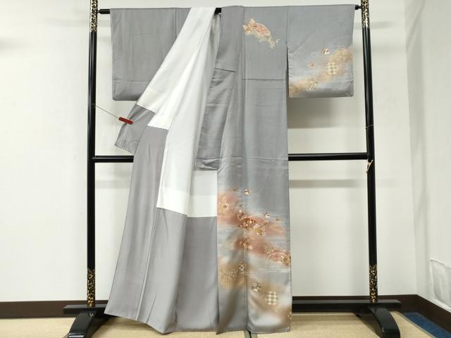 平和屋着物●訪問着　扇面鴛鴦吉祥花文　暈し染め　金彩　正絹　逸品　CABK7398yc
