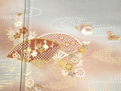 平和屋着物●訪問着　扇面鴛鴦吉祥花文　暈し染め　金彩　正絹　逸品　CABK7398yc