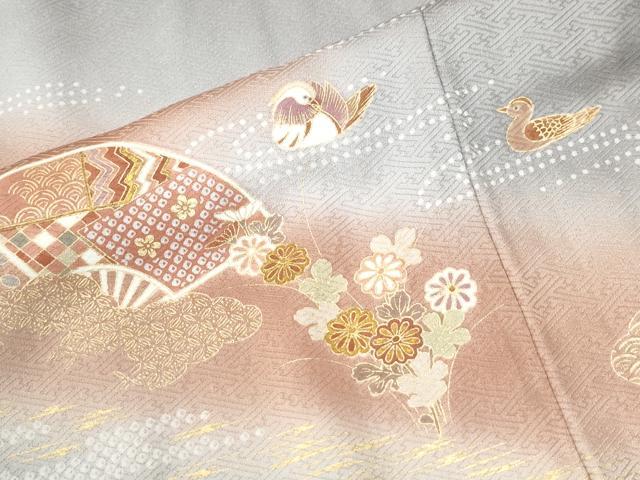 平和屋着物●訪問着　扇面鴛鴦吉祥花文　暈し染め　金彩　正絹　逸品　CABK7398yc