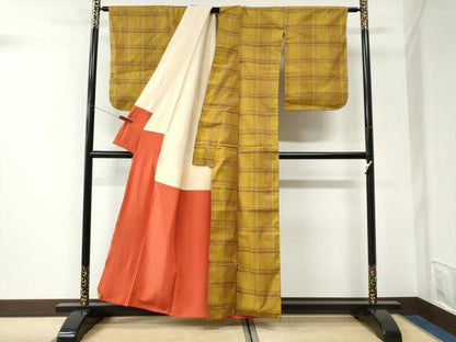 平和屋着物●山下八百子　本場黄八丈　市松綾織　正絹　逸品　CABK7426yc