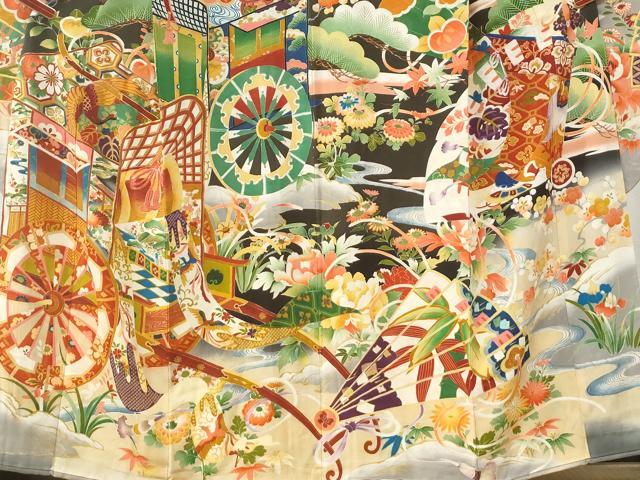 平和屋本店●アンティーク　大正ロマン　振袖　駒刺繍　御所車鳳凰檜扇花文　黒地　金彩　正絹　逸品　CABK7435yc