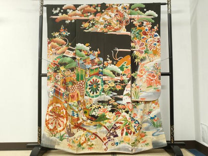平和屋本店●アンティーク　大正ロマン　振袖　駒刺繍　御所車鳳凰檜扇花文　黒地　金彩　正絹　逸品　CABK7435yc