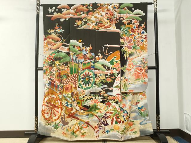 平和屋本店●アンティーク　大正ロマン　振袖　駒刺繍　御所車鳳凰檜扇花文　黒地　金彩　正絹　逸品　CABK7435yc