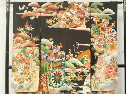 平和屋本店●アンティーク　大正ロマン　振袖　駒刺繍　御所車鳳凰檜扇花文　黒地　金彩　正絹　逸品　CABK7435yc