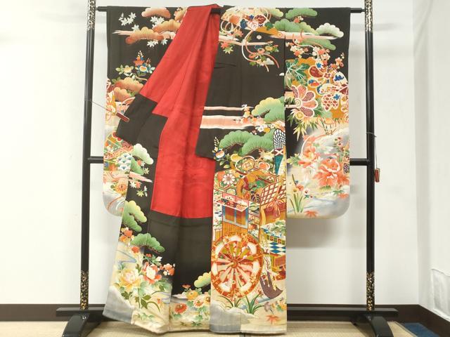 平和屋本店●アンティーク　大正ロマン　振袖　駒刺繍　御所車鳳凰檜扇花文　黒地　金彩　正絹　逸品　CABK7435yc