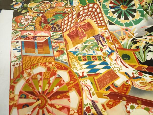 平和屋本店●アンティーク　大正ロマン　振袖　駒刺繍　御所車鳳凰檜扇花文　黒地　金彩　正絹　逸品　CABK7435yc