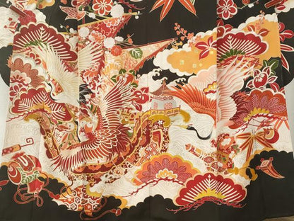 平和屋本店●アンティーク　大正ロマン　振袖　駒刺繍　飛鶴宝尽くし花松文　黒地　金彩　正絹　逸品　CABK7436yc