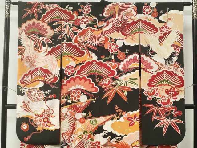 平和屋本店●アンティーク　大正ロマン　振袖　駒刺繍　飛鶴宝尽くし花松文　黒地　金彩　正絹　逸品　CABK7436yc