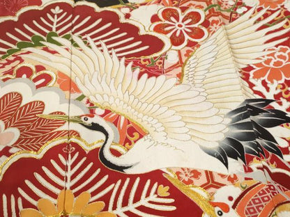 平和屋本店●アンティーク　大正ロマン　振袖　駒刺繍　飛鶴宝尽くし花松文　黒地　金彩　正絹　逸品　CABK7436yc