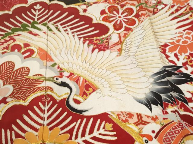 平和屋本店●アンティーク　大正ロマン　振袖　駒刺繍　飛鶴宝尽くし花松文　黒地　金彩　正絹　逸品　CABK7436yc